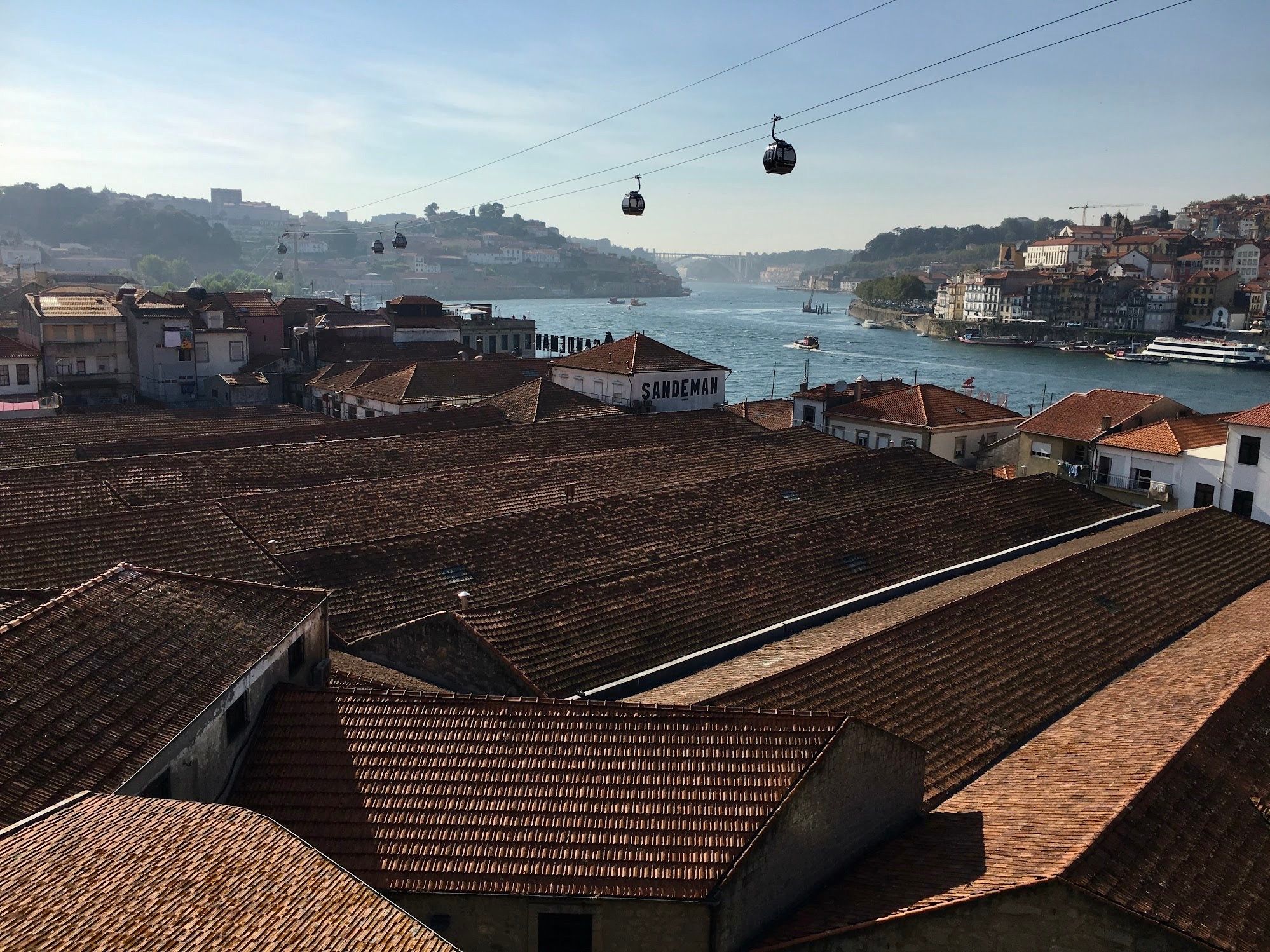 Rooftops in Porto, Portugal, Gaia Cable Car on the banks of the Douro River