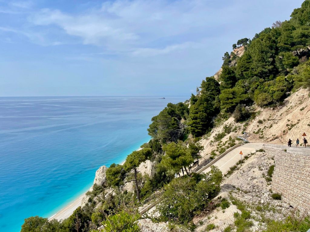 Blue ocean and a steep walk to Egremni Beach, Lefkada, Greece.