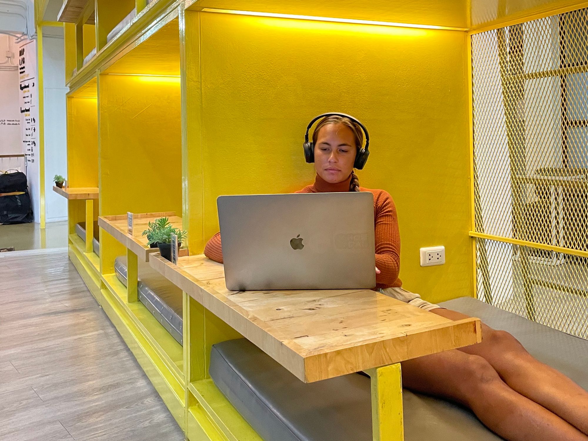 Nap Lab Coworking space, Bangkok, Thailand. Yellow construction where you can work or chill from. 