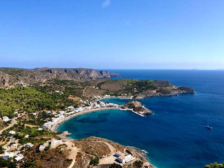 Birdseye view of the island Corfu, Greece, blue water, sailboat, island life. 